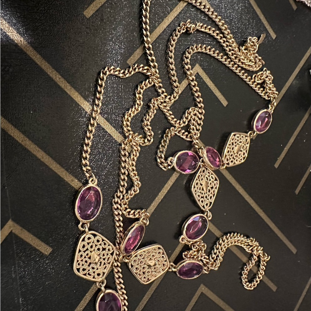 Vintage Gold-Toned Amethyst Necklace with Intricate Filigree